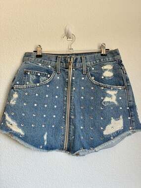 Carmar Los Angeles Rhinestone Studded Distressed Denim Mini Skirt